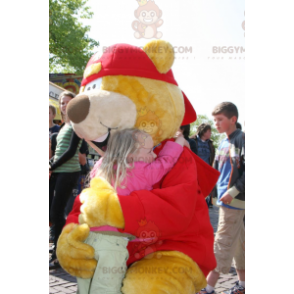 BIGGYMONKEY™ Costume da mascotte grande orso giallo e rosso con