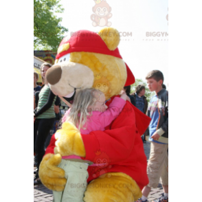 Costume de mascotte BIGGYMONKEY™ de gros ours jaune et rouge