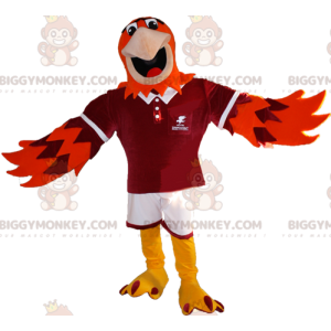 Fantasia de mascote BIGGYMONKEY™ de águia laranja e roxa em