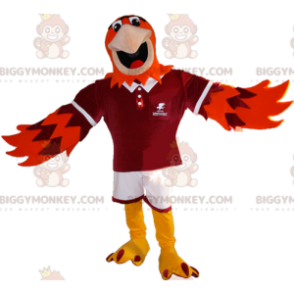 Fantasia de mascote BIGGYMONKEY™ de águia laranja e roxa em