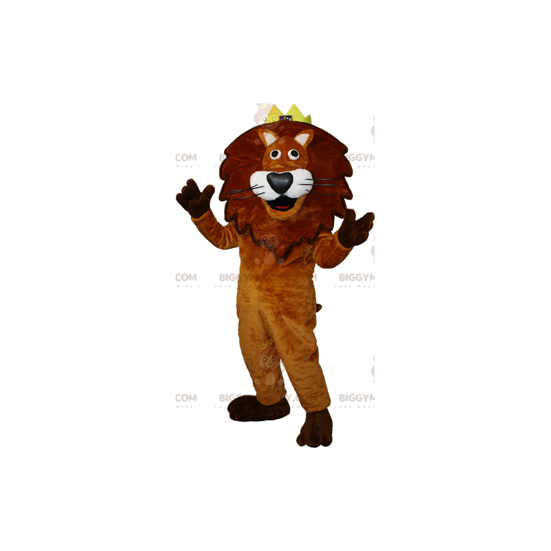 BIGGYMONKEY™ maskotdräkt av brunt och vitt lejon med krona.