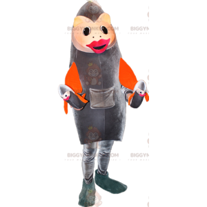Grå och orange fisk BIGGYMONKEY™ maskotdräkt. Sardin