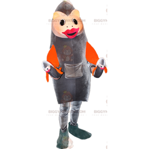 Traje de mascote BIGGYMONKEY™ de peixe cinza e laranja. Traje