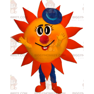 Traje de mascote BIGGYMONKEY™ Sol vermelho e amarelo com chapéu