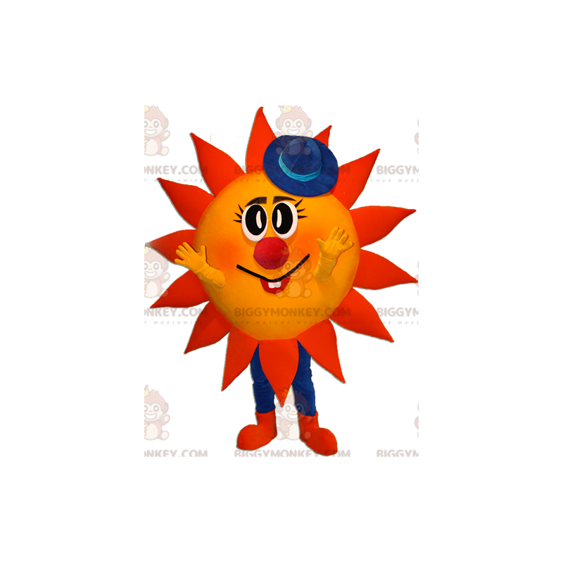 Costume de mascotte BIGGYMONKEY™ de soleil rouge et jaune avec