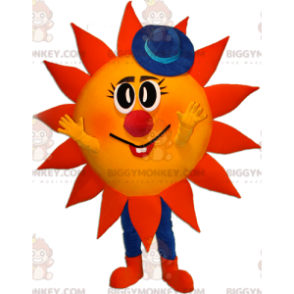 BIGGYMONKEY™ Mascot Costume Red and Yellow Sun with Blue Hat -