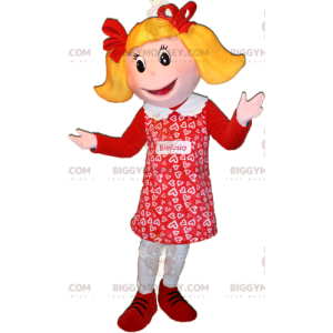Disfraz de mascota BIGGYMONKEY™ de chica rubia vestida de rojo.