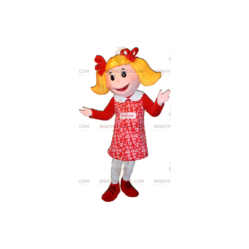 BIGGYMONKEY™ mascot costume of blonde girl dressed in red. Doll