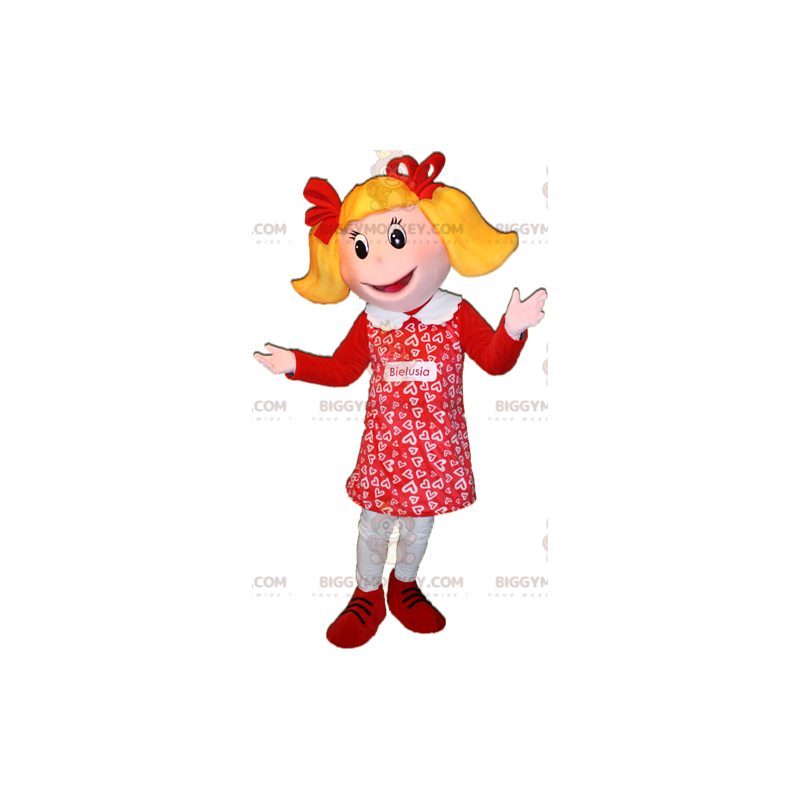 BIGGYMONKEY™ Maskottchenkostüm eines rot gekleideten blonden