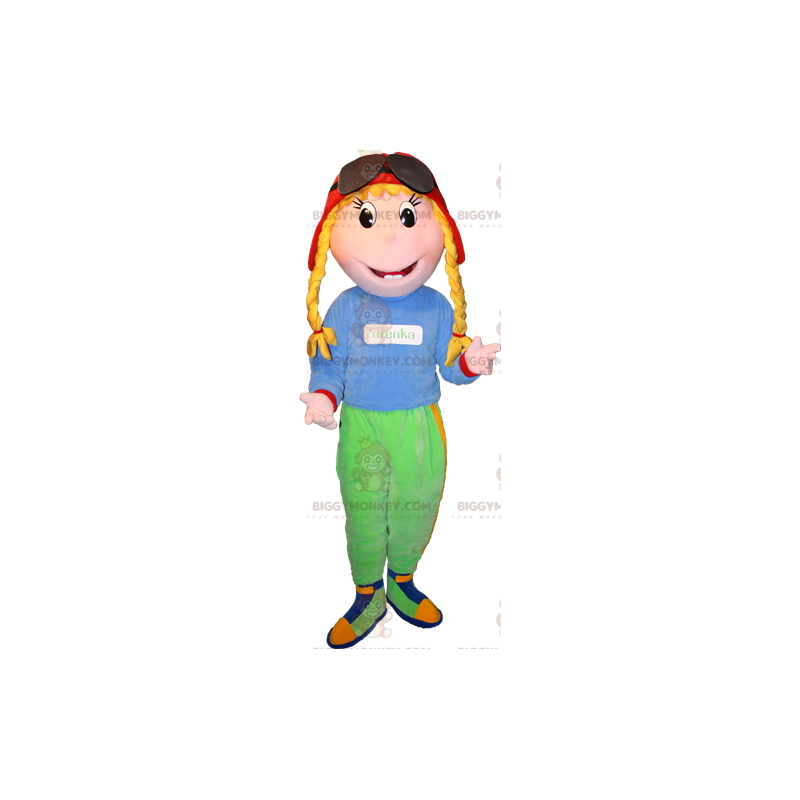 Blonde Girl BIGGYMONKEY™ Mascot Costume with Pigtails and