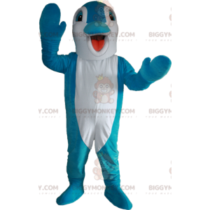 Blå och vit delfin BIGGYMONKEY™ maskotdräkt. Fisk BIGGYMONKEY™
