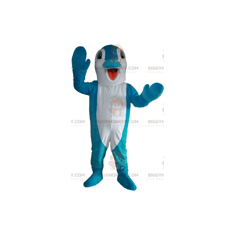 Blau-weißer Delphin BIGGYMONKEY™ Maskottchen-Kostüm. Fisch