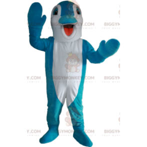 Blau-weißer Delphin BIGGYMONKEY™ Maskottchen-Kostüm. Fisch