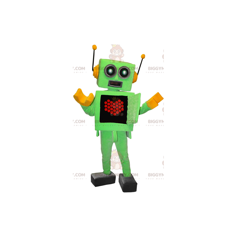 Grün-gelbes Roboter-BIGGYMONKEY™-Maskottchen-Kostüm mit Herz