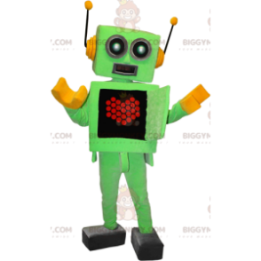 Green and Yellow Robot BIGGYMONKEY™ Mascot Costume with Heart