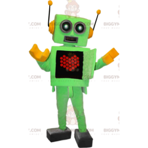 Grøn og gul robot BIGGYMONKEY™ maskotkostume med hjerte på