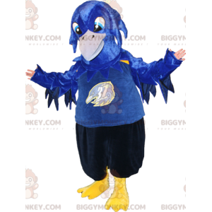 BIGGYMONKEY™ mascot costume blue bird black and yellow. Crow