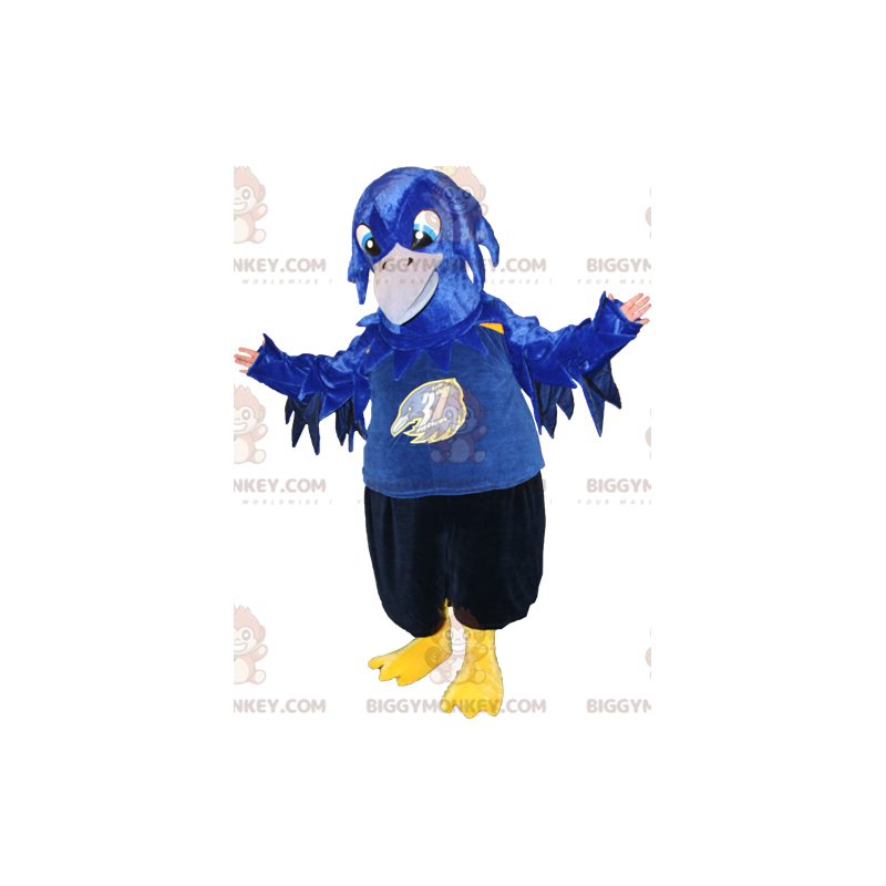 Costume de mascotte BIGGYMONKEY™ d'oiseau bleu noir et jaune.