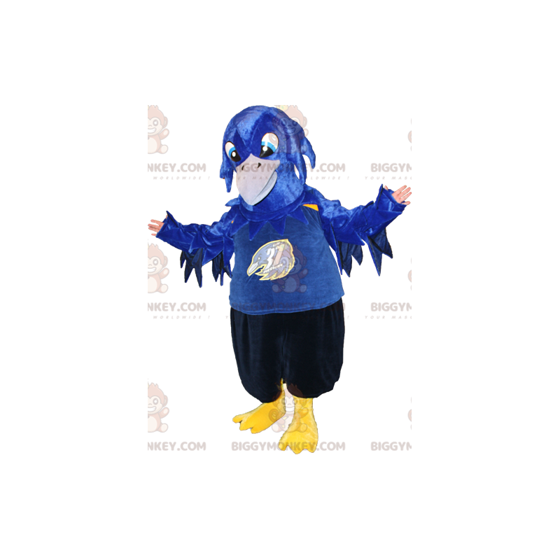 Kostium maskotki BIGGYMONKEY™ niebieski ptak czarno-żółty.