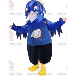 BIGGYMONKEY™ mascotte kostuum blauwe vogel zwart en geel. Kraai