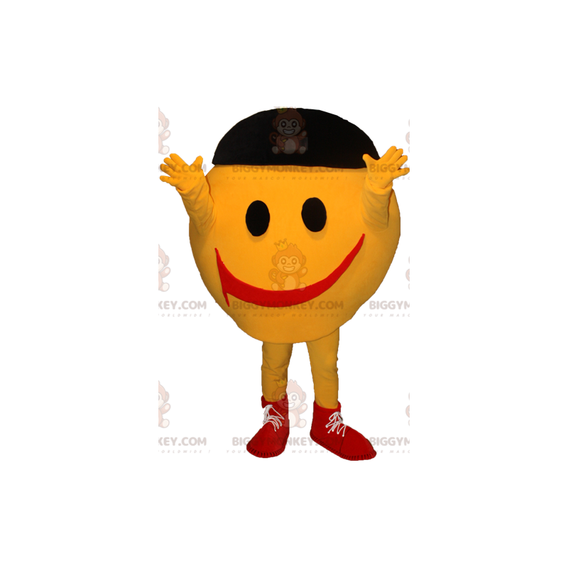BIGGYMONKEY™ maskotdräkt av en mycket leende gul man. Smiley