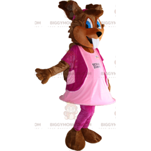 Στολή μασκότ Squirrel BIGGYMONKEY™ με μπλε μάτια και ροζ φόρεμα