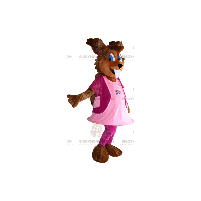Στολή μασκότ Squirrel BIGGYMONKEY™ με μπλε μάτια και ροζ φόρεμα
