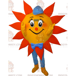 Costume de mascotte BIGGYMONKEY™ de soleil orange jaune et bleu