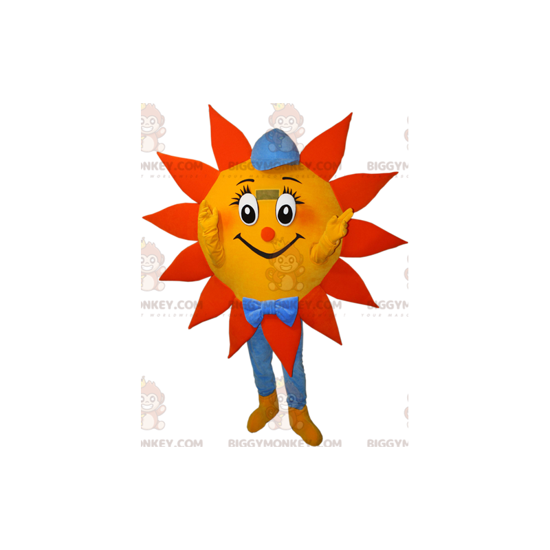 Traje de mascote BIGGYMONKEY™ amarelo laranja e azul com boné –