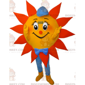 Costume de mascotte BIGGYMONKEY™ de soleil orange jaune et bleu