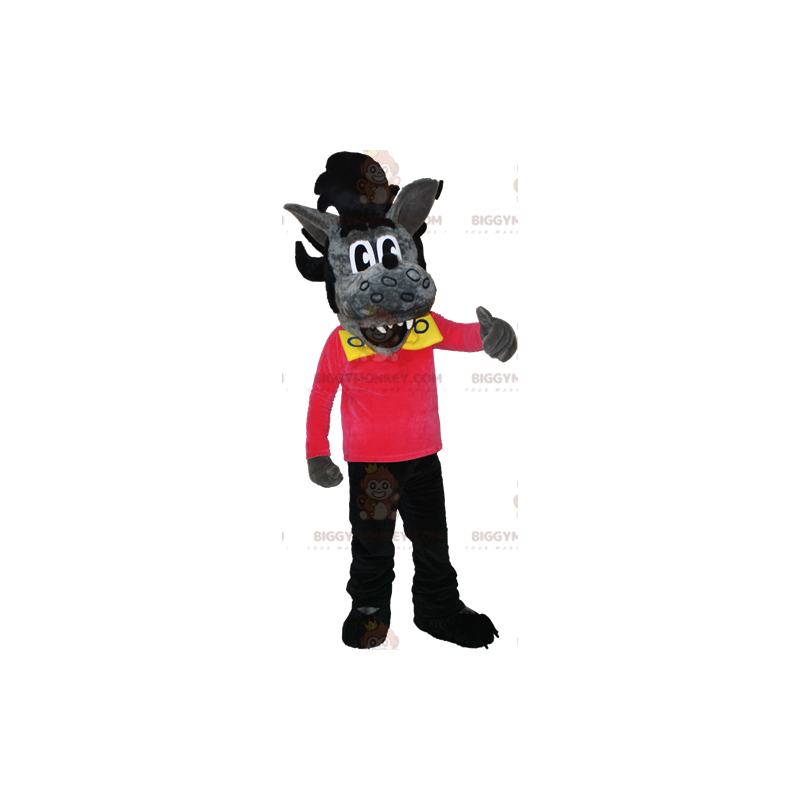 Traje de mascote BIGGYMONKEY™ Lobo Cinza e Preto com Penteado