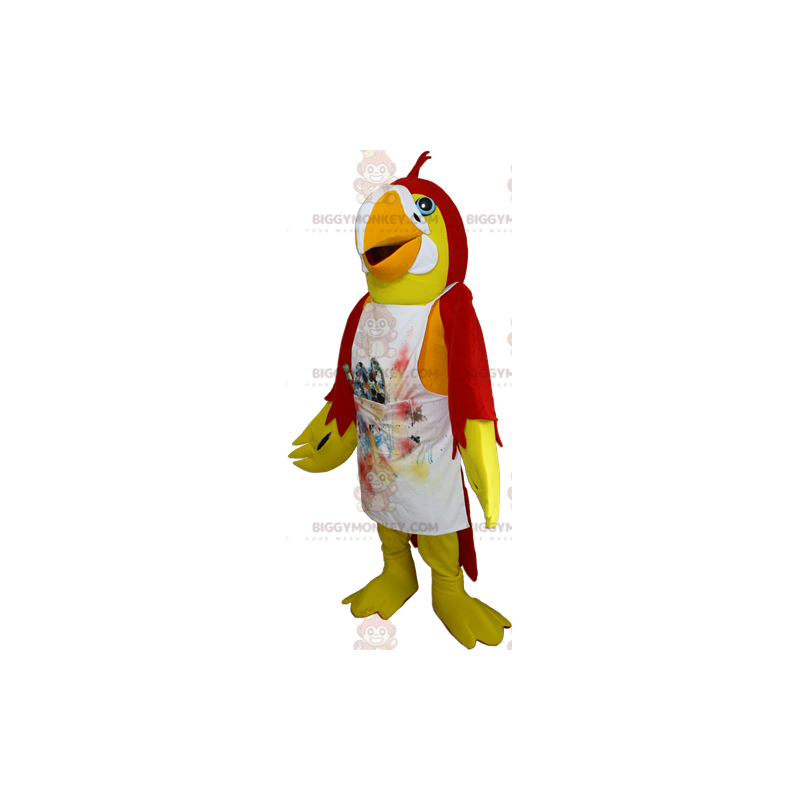 BIGGYMONKEY™ Geel en rood papegaai-mascottekostuum met schort -