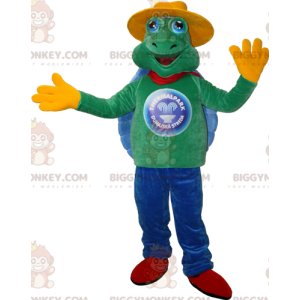 Grön och blå sköldpadda BIGGYMONKEY™ maskotdräkt med gul hatt -