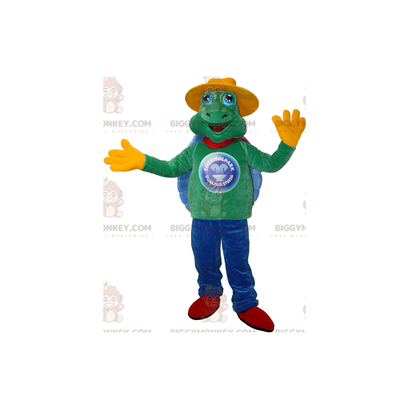Grøn og blå skildpadde BIGGYMONKEY™ maskotkostume med gul hat -