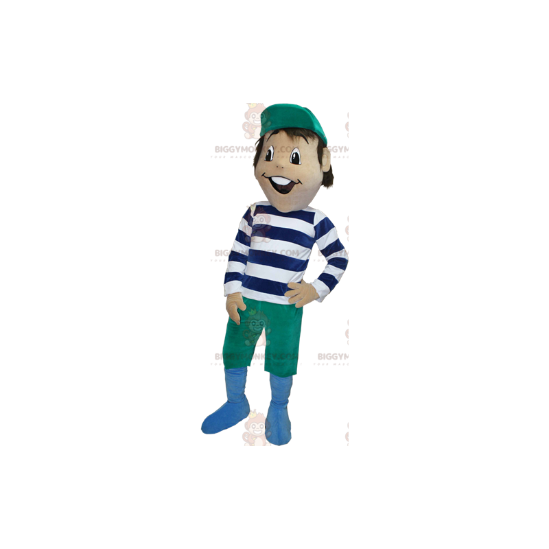 Brown boy BIGGYMONKEY™ mascot costume with striped outfit –