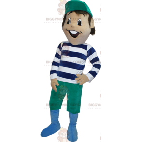 Brown boy BIGGYMONKEY™ mascot costume with striped outfit –