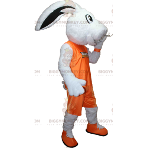 Hvid kanin BIGGYMONKEY™ maskotkostume klædt i orange sportstøj