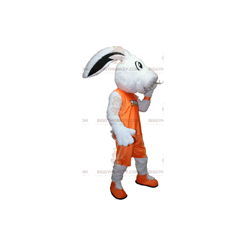 Wit konijn BIGGYMONKEY™ mascottekostuum gekleed in oranje
