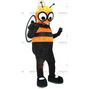 Traje de mascote BIGGYMONKEY™ Laranja e Abelha Preta com Olhos