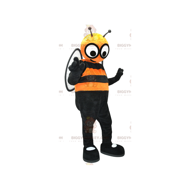 Traje de mascote BIGGYMONKEY™ Laranja e Abelha Preta com Olhos