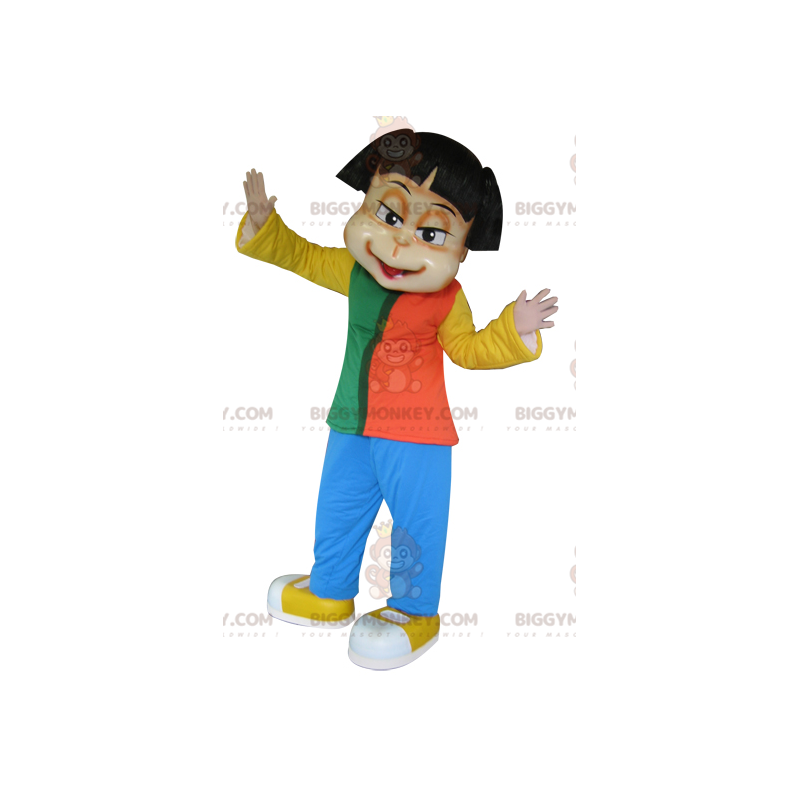 Brown Girl BIGGYMONKEY™ Mascot Costume Dressed in Colorful