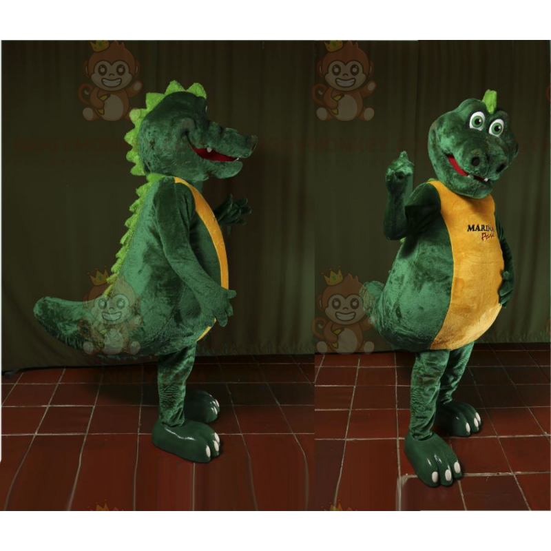 Traje de mascote de crocodilo gigante verde e amarelo