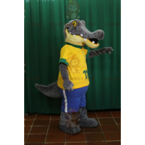 Traje de mascote de crocodilo crocodilo BIGGYMONKEY™ cinza e