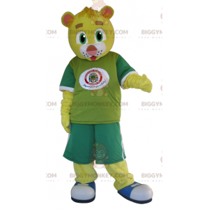 Geel teddy BIGGYMONKEY™ mascottekostuum gekleed in groen -