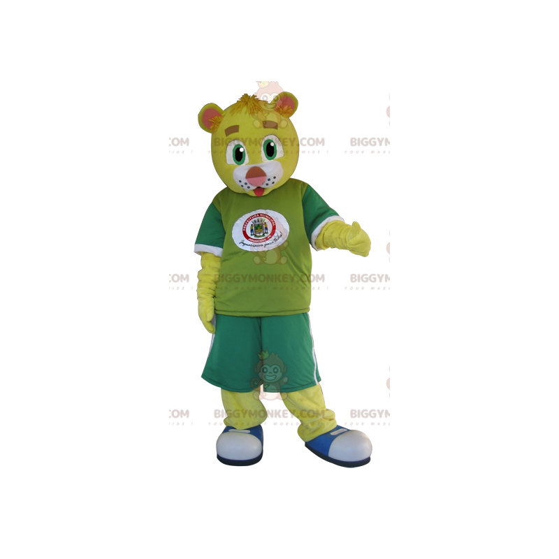 Geel teddy BIGGYMONKEY™ mascottekostuum gekleed in groen -