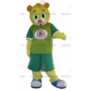 Geel teddy BIGGYMONKEY™ mascottekostuum gekleed in groen -