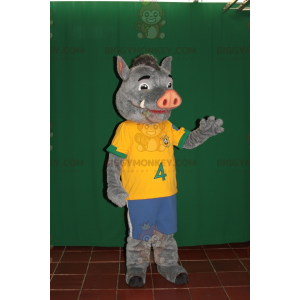 BIGGYMONKEY™ Mascot Costume Gray and Pink Boar In Sportswear –