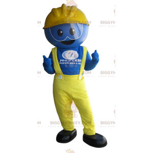 BIGGYMONKEY™ blå arbejdsmandsmaskotkostume klædt i gult -