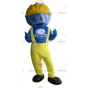 BIGGYMONKEY™ Blue Worker Man Mascot Costume Dressed In Yellow -