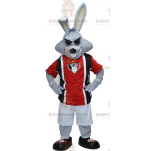 BIGGYMONKEY™ maskottiasu Grey Rabbit mustassa ja punaisessa